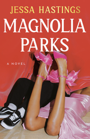 A book cover of a woman laying down on her stomach, in a pink chiffon dress with pink heels, and a boy laying next to her with his knees propped up