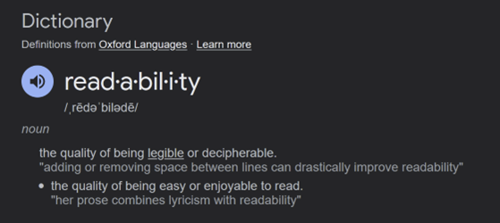 Screenshot of the definition readability according to google