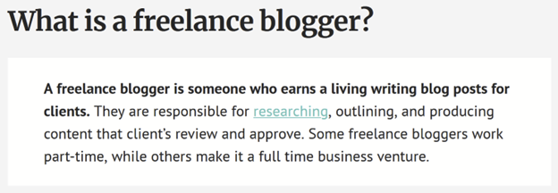 a screenshot of a simple definition of 'freelance blogging' according to peakfreelance.com