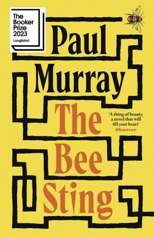 'The Bee Sting' cover design. Featuring a yellow colourway, with significant typography for both the name of the author and title of the novel. Graphic of a yellow bee in the top right corner, with a 'subway' like line running all the way through the entire design. 'The Booker Prize 2023' longlist emblem in top left corner.